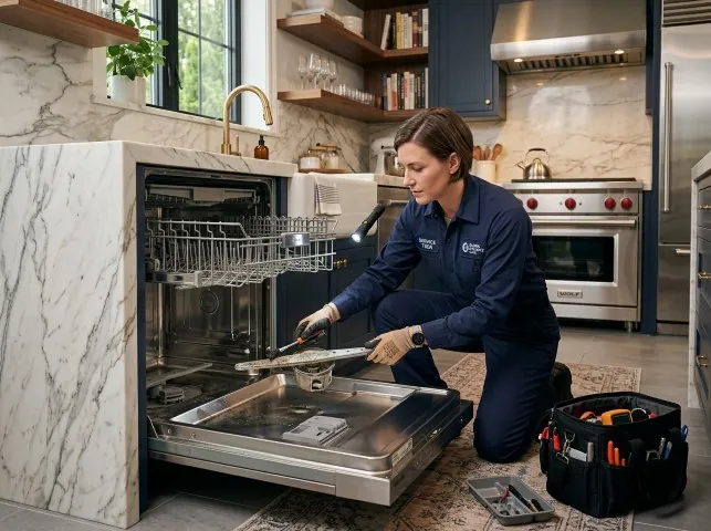 Appliance Repair Hero technician servicing a built-in dishwasher in a Bealeton, VA kitchen