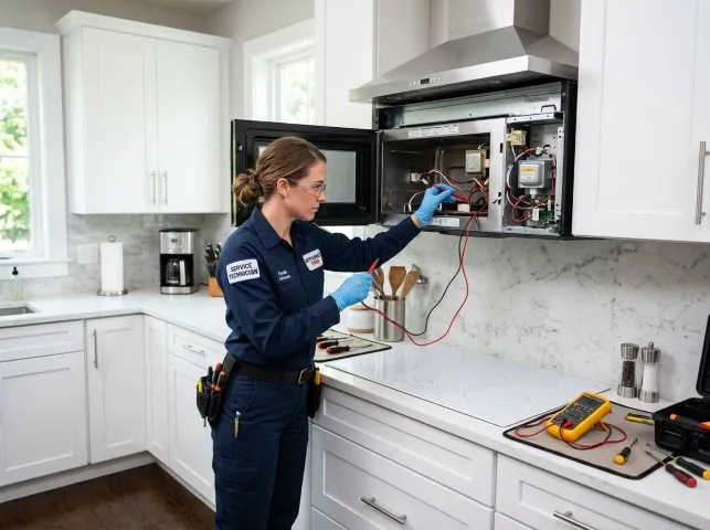Appliance Repair Hero technician testing an over-the-range microwave in a Bealeton, VA kitchen